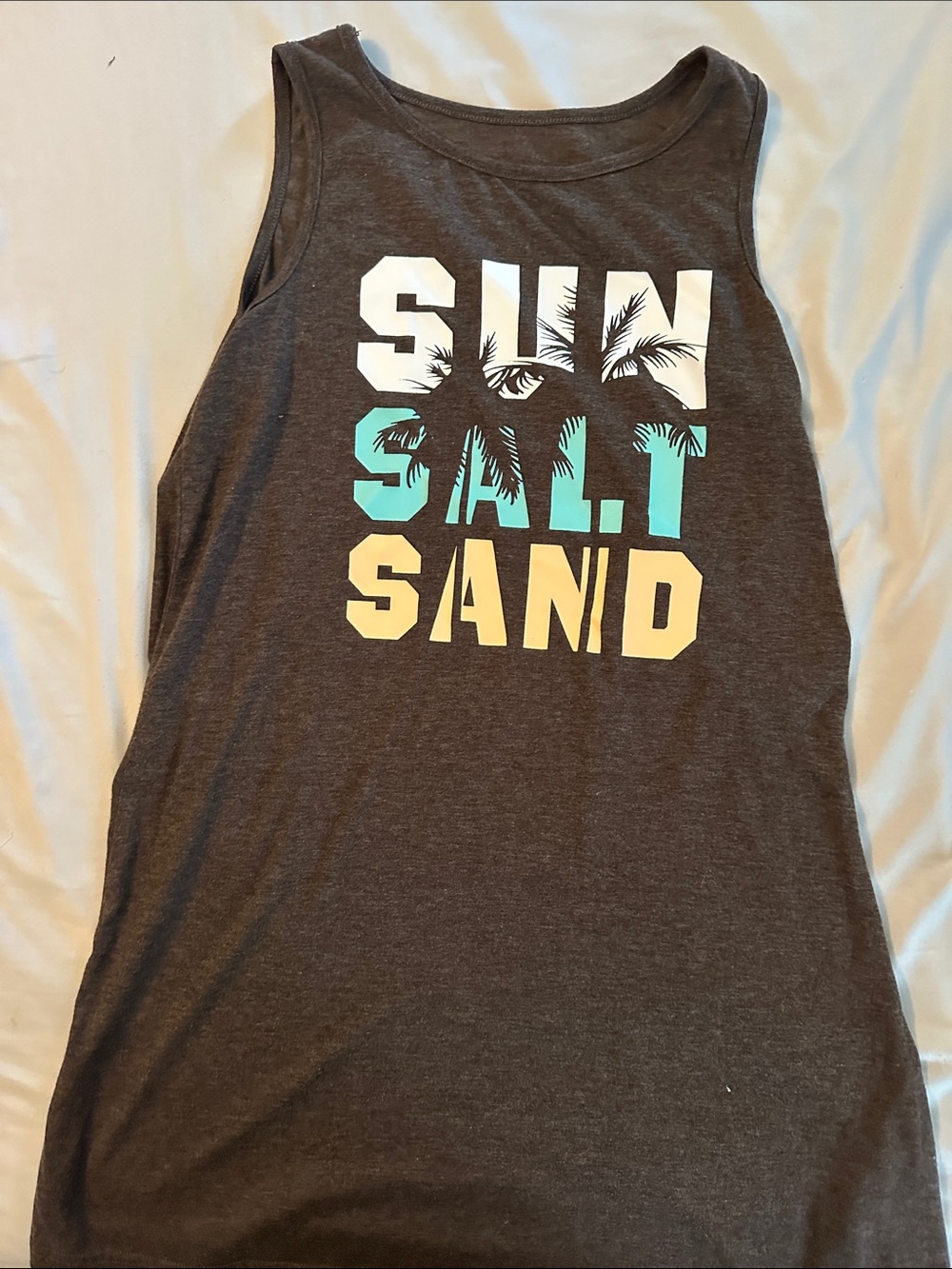 Sun Salt Sand Graphic Tank - Dark Gray with White, Teal & Yellow Print